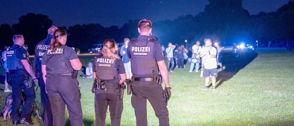 Einsatzkräfte der Polizei und Jugendliche stehen sich im Hamburger Stadtpark gegenüber.