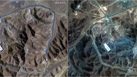 Fordo vor und nach dem US-Angriff: Satellitenbilder vom 20. und 22. Juni 2025 zeigen Zerstörungen an der unterirdischen Nuklearanlage nahe Qom.