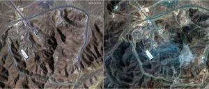 Fordo vor und nach dem US-Angriff: Satellitenbilder vom 20. und 22. Juni 2025 zeigen Zerstörungen an der unterirdischen Nuklearanlage nahe Qom.