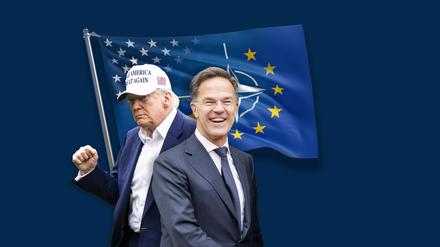 Collage aus Bildern von Donald Trump und Mark Rutte vor einer Flagge die einen MIx aus Nato-, EU- und US-Flagge abbildet.
