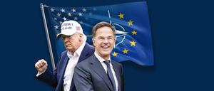 Collage aus Bildern von Donald Trump und Mark Rutte vor einer Flagge die einen MIx aus Nato-, EU- und US-Flagge abbildet.