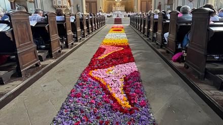 Blumenteppich in St. Peter und Paul Kirche in Potsdam. 