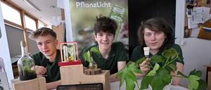 Bruno Schlimsog, Nico Knauer und Moritz Pollack von der Schülerfirma „PflanzLicht“ aus der Lenné-Schule Potsdam.