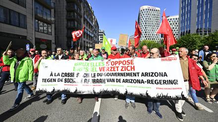 Gewerkschaftsmitglieder in Belgien während einer Demonstration der sozialistischen Gewerkschaft FGTB/ABVV und der christlichen Gewerkschaft CSC/ACV. 