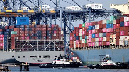 Im Hafen von Los Angeles werden am 25. Juni 2025 in Los Angeles, Kalifornien, Schiffscontainer auf Containerschiffe gestapelt.  