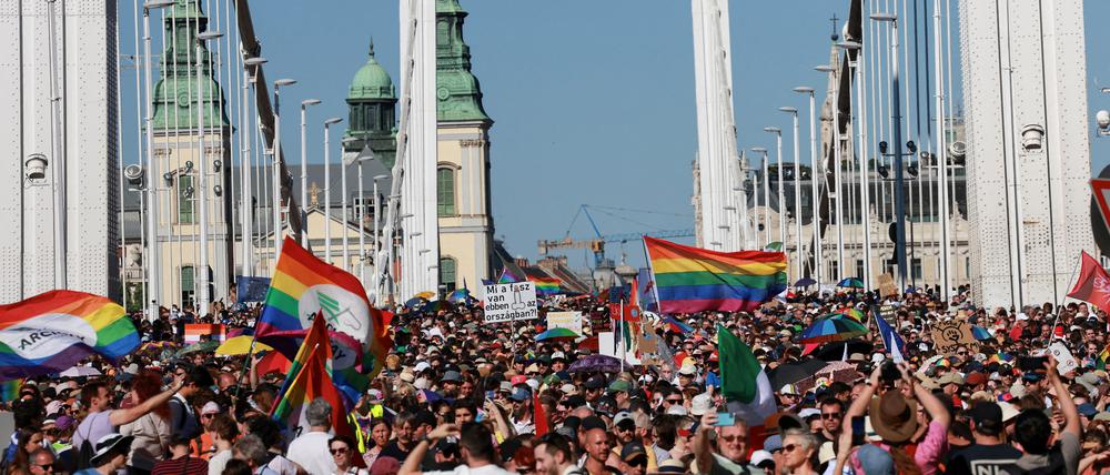 Menschen überqueren die Elisabethbrücke während des Budapest Pride March in Budapest.