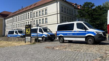 Mehrere Polizeiautos stehen vor dem Landtagsgebäude in Sachsen-Anhalt.