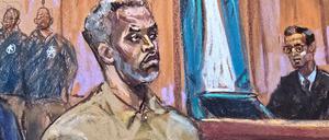 Die Zeichnung zeigt Sean „Diddy“ Combs vor dem New Yorker Gericht.