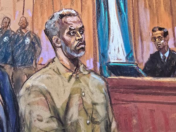 FILE PHOTO: Sean "Diddy" Combs stands as he is arraigned on a superseding indictment ahead of his May trial on sex trafficking charges, in New York, U.S., March 14, 2025, in this courtroom sketch. REUTERS/Jane Rosenberg//File Photo