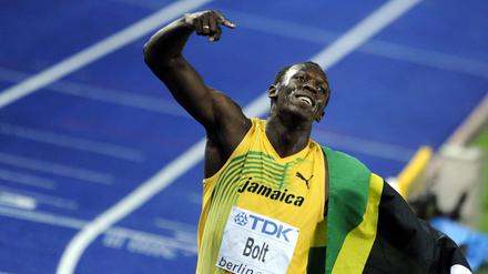 Usain Bolt nach seinem Weltrekord 2009 in Berlin. 
