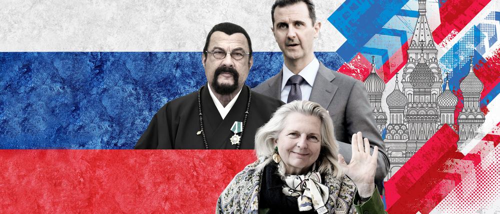 Putins Freunde: der syrische Ex-Diktator Assad, US-Schauspieler Seagal und Österreichs frühere Außenministerin Kneissel.