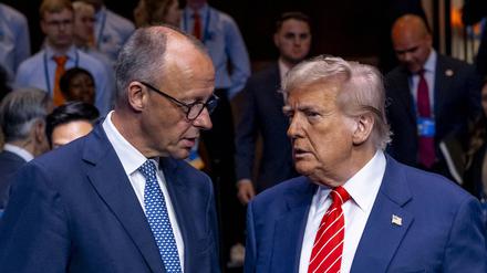 US-Präsident Donald Trump im Gespräch mit Bundeskanzler Friedrich Merz auf dem Nato-Gipfel 2025 in Den Haag (Symbolbild).
