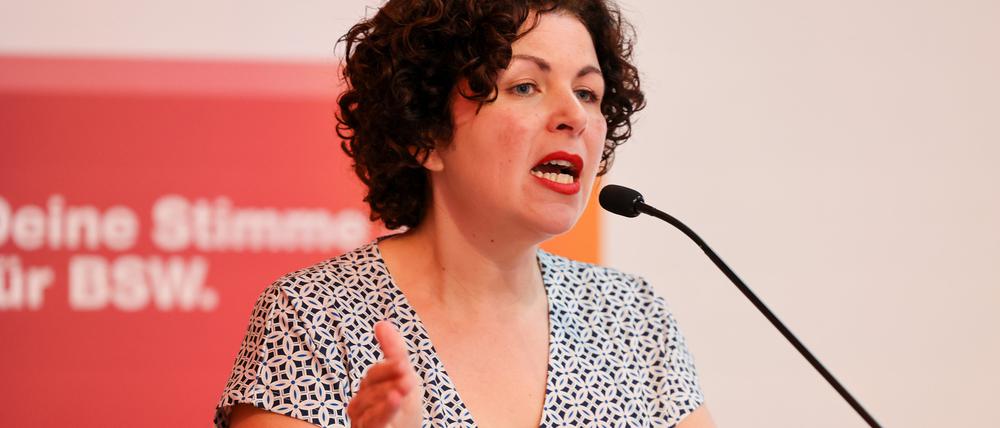 Amira Mohamed Ali, Co-Bundesvvorsitzende des BSW, am 21. Juni auf dem Landesparteitag in Sachsen-Anhalt.