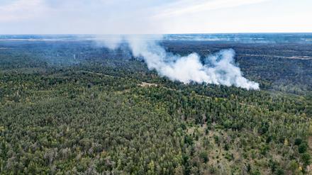 Rauch steigt bei einem Wald- und Vegetationsbrand in der Gohrischheide im Landkreis Meißen in der Nähe von dem sächsischen Ort Jacobsthal in den Himmel.