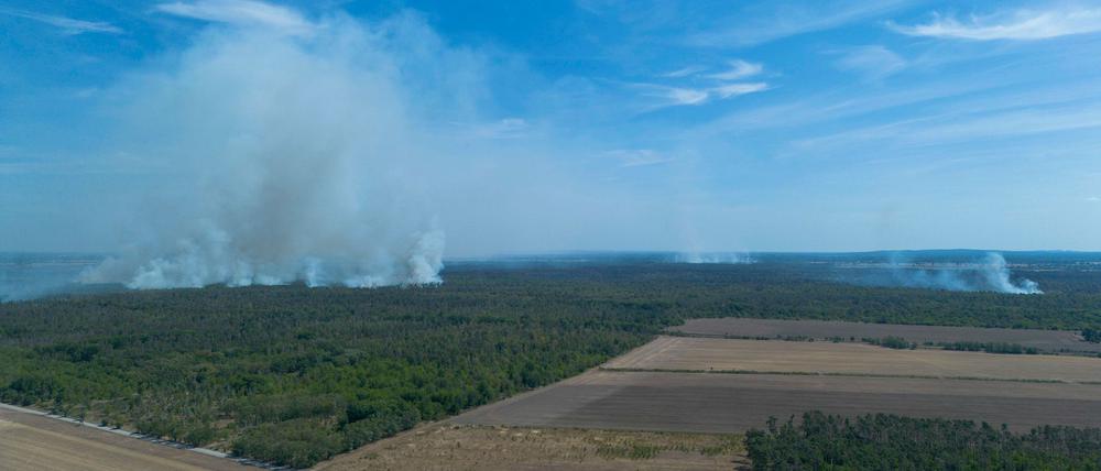 Das Feuer in der Gohrischheide hat sich bisher nicht von Sachsen auf Brandenburg ausgebreitet. 