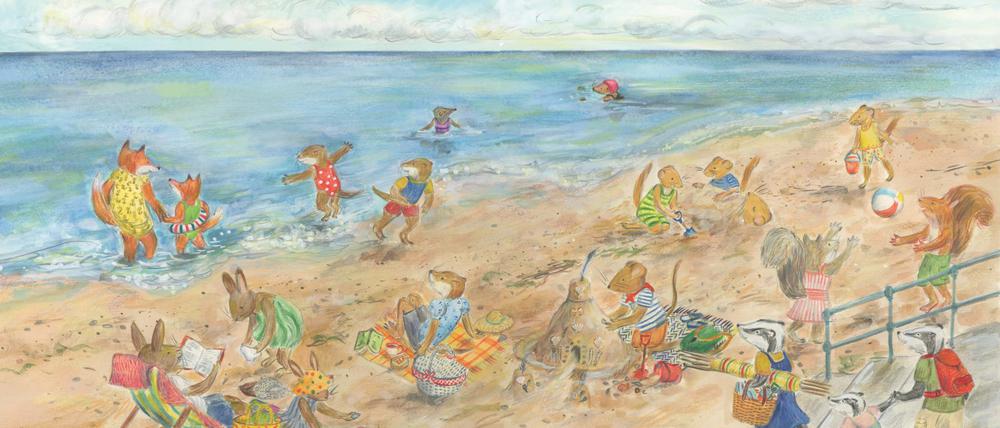 Ausschnitt aus dem Kinderbuch „Mit Maus am Meer“ von Alice Melvin. Zu sehen sind Buntstiftzeichnungen freundlicher Tierfamilien wie Hasen, Füchse und Mäuse am Strand. Sie plantschen, spielen Ball und bauen Sandburgen.