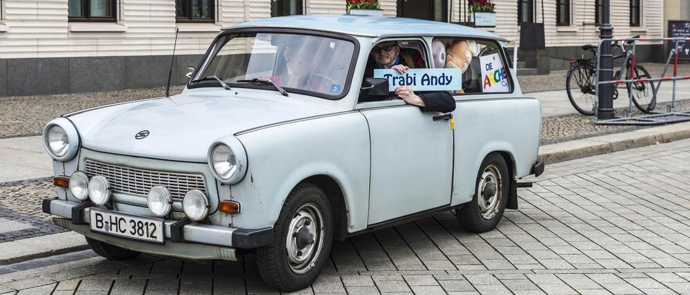 Berlin, Germany - April 12, 2017: Car of Trabant brand with its driver in front of Brandenburg gate called Trabi Andy full of teddy bears in Berlin, Germany
Trabi-Andy