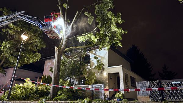 Einsatzkräfte der Feuerwehr arbeiteten an einem Baum, der zum Teil auf ein Haus in Berlin Reinickendorf gestürzt ist. Ein Sturm hat zu zahlreichen Schäden in der Hauptstadt geführt.