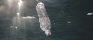 Eine weggeworfene Plastikflasche treibt im Roten Meer und wird von der Sonne angestrahlt.