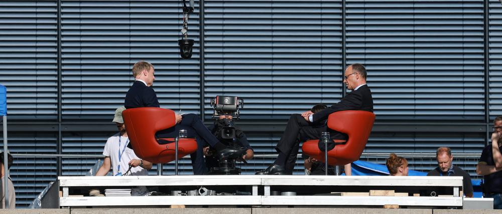 German Chancellor Friedrich Merz answers questions of TV host Markus Preiss during ARD summer interview, in Berlin, Germany, July 13, 2025. REUTERS/Fabrizio Bensch