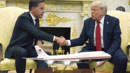 US-Präsident Donald Trump (r) schüttelt die Hand von NATO-Generalsekretär Mark Rutte während eines Treffens im Oval Office des Weißen Hauses. 