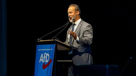 Der rheinland-pfälzische AfD-Partei- und Fraktionschef Jan Bollinger spricht beim Landesparteitag in Idar-Oberstein.