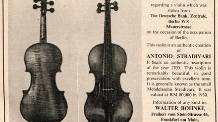 Suchanzeige für die Stradivari der Familie Mendelssohn im Fachmagazin „Strad“ aus dem Jahr 1958.