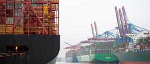 Containerschiffe liegen im Hafen auf der Elbe an den Terminals Eurogate (l.) und Burchardkai. 