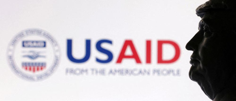 Kunststoffminiatur von US-Präsident Donald Trump vor dem Logo der US-Entwicklungshilfebehörde USAID