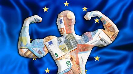 Eine gezeichnete Silhouette eines Mannes, der seine Muskeln zeigt und aus Euro-Scheinen besteht.