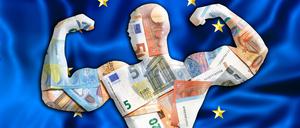 Eine gezeichnete Silhouette eines Mannes, der seine Muskeln zeigt und aus Euro-Scheinen besteht.