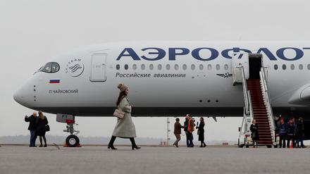 A view shows the first Airbus A350-900 aircraft of Russia’s flagship airline Aeroflot during a media presentation at Sheremetyevo International Airport outside Moscow, Russia.