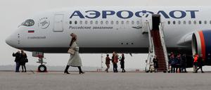 A view shows the first Airbus A350-900 aircraft of Russia’s flagship airline Aeroflot during a media presentation at Sheremetyevo International Airport outside Moscow, Russia.