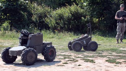 Ground robotic systems used by Ukraine on the front line are displayed during the demonstration of their work for the press, Ukraine.