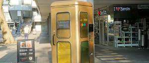 Eine zur „Teledisko“ umfunktionierte Telefonzelle steht jetzt vor dem Europa-Center in Berlin-Charlottenburg.