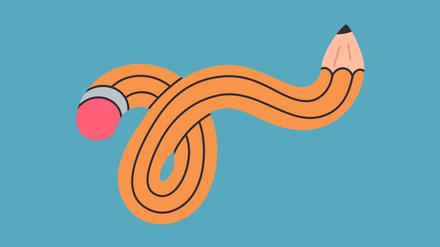 Comic twisted pencil. Curved funny simple pencil, intertwined yellow pencil flat vector illustration. Funky twisted pencil on white