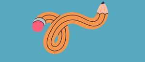 Comic twisted pencil. Curved funny simple pencil, intertwined yellow pencil flat vector illustration. Funky twisted pencil on white