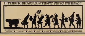 „Eh‘ mein Kindchen erwacht, da kommen ganz sacht der Männlein acht“: Lithografie nach einem Scherenschnitt von Käte Wolff.