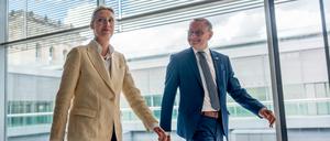 Alice Weidel, Bundesvorsitzende und Fraktionsvorsitzende der AfD, geht neben Tino Chrupalla, Bundesvorsitzender und Fraktionsvorsitzender der AfD im Bundestag.