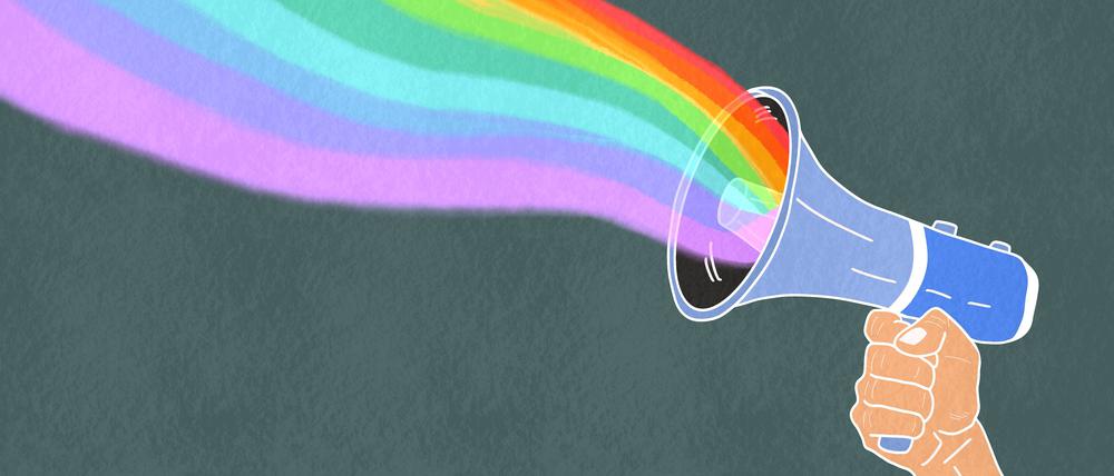 Aus einem von einer Hand gehaltenen Megaphon strömen die Farben des Regenbogens. (symbolische Grafik)