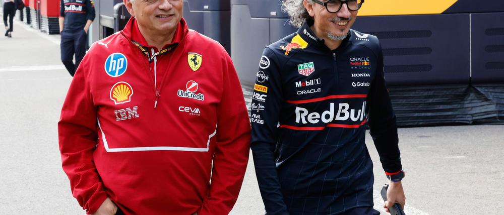 Laurent Mekies (r), hier neben Ferrari-Teamchef Frederic Vasseur, ist der neue Boss von Red Bull Racing.