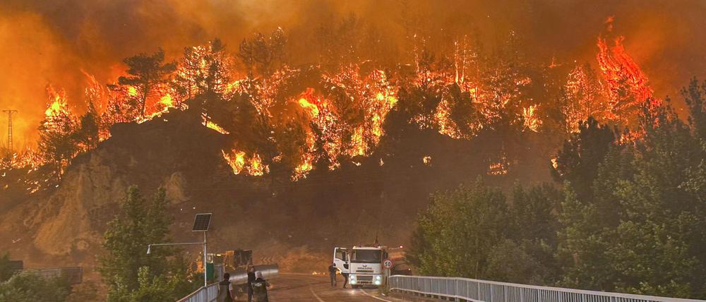 Ein Waldbrand wütet in einem Waldgebiet in der Nähe des Dorfes Cavuslar im Bezirk Karabuk im Nordwesten der Türkei