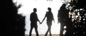 Ein Paar läuft am 19.10.2013 in Friedrichshafen (Baden-Württemberg) Hand in Hand am Ufer des Bodensees entlang.   Bestimmte Körpergerüche von Frauen in ihrer fruchtbaren Zyklusphase wirken auf Männer nachweislich stressmindernd und beeinflussen ihre soziale Wahrnehmung. 