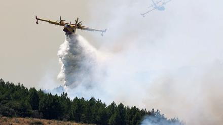 Ein Löschflugzeug wirft Wasser ab, um einen Flächenbrand am Rande von Mombeltran, Spanien, zu bekämpfen.