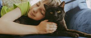 Creative Highlights Symbolbilder Smiling boy with eyes closed lying down with cat on sofa at home model released, Symbolfoto property released, OSF02384