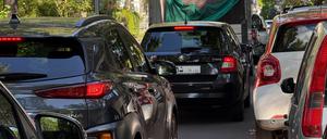 Die Seehofstraße in Berlin-Zehlendorf: Die Straße ist viel befahren, vor allem morgens kommt es zu langen Rückstaus an der Ampel mit der Berliner Straße. Die Autos stehen direkt an der Katholischen Grundschule St. Ursula; daneben liegt ein Seniorenheim. Einen Radweg gibt es nur auf einem Teil der Straße. 