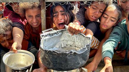 Kinder in Chan Junis versuchen mit ihren Töpfen Nahrungsmittel zu bekommen, die von Wohltätigkeitsorganisationen verteilt werden. 