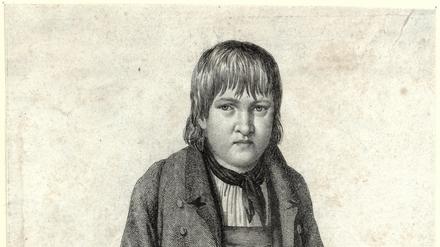 Ein Stahlstich von Friedrich Fleischmann aus dem Jahr 1828 zeigt den historischen Kaspar Hauser bei der Ankunft in Nürnberg.