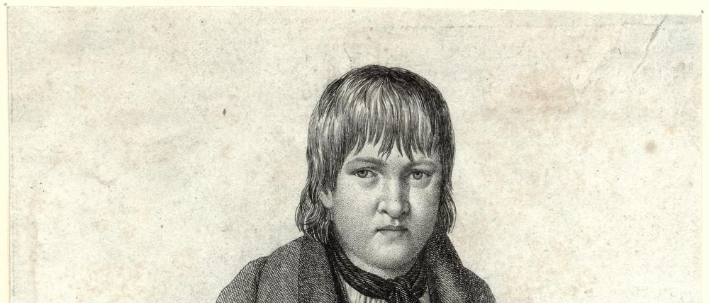 Ein Stahlstich von Friedrich Fleischmann aus dem Jahr 1828 zeigt den historischen Kaspar Hauser bei der Ankunft in Nürnberg.