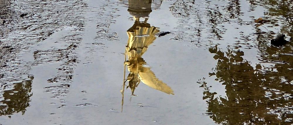 Die Siegessäule am Großen Stern im Berliner Tiergarten, gespiegelt in einer Regenpfütze.